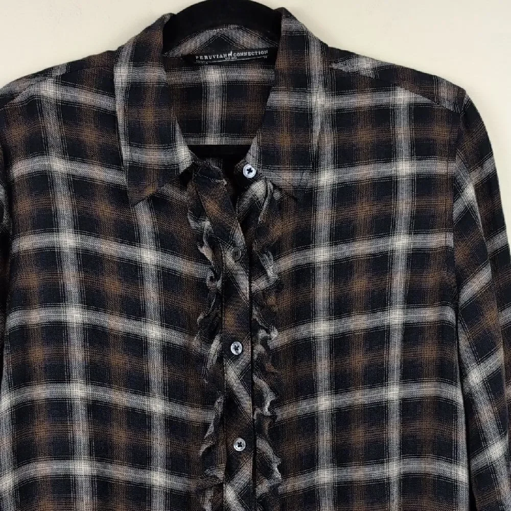 Peruvian Connection Ruffled Button Front Plaid Shirt Top Size M - Picture 3 of 8